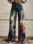 Women's Graphic Print Wide Leg Distressed Denim Pants – Plus Size Straight Leg Casual Jeans