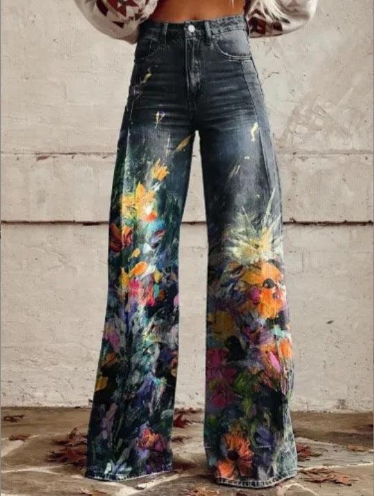 Women's Graphic Print Wide Leg Distressed Denim Pants – Plus Size Straight Leg Casual Jeans