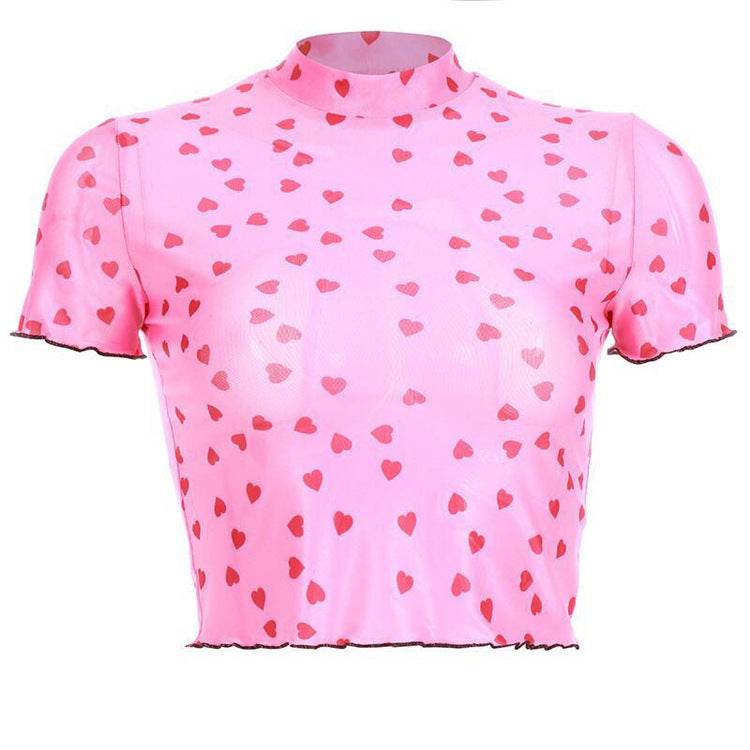 Nibber new Women Heart-shaped Print Pink see-through Tops Tee summer fashion wild Elastic Slim Soft O-Neck short sleeve Tank top