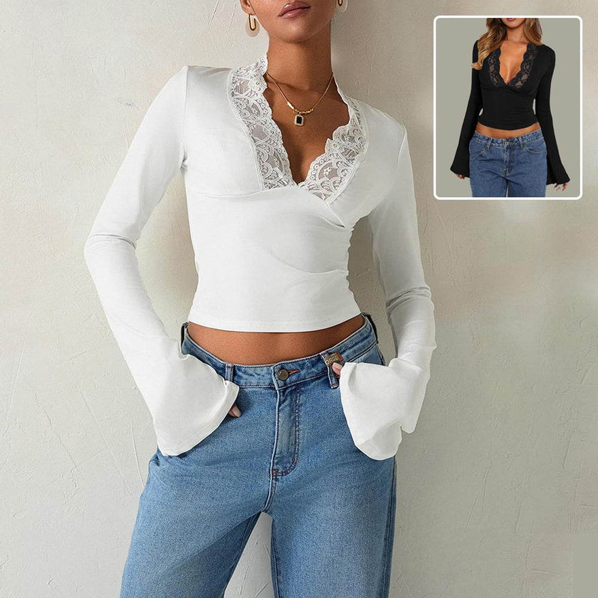 Slim V-neck Lace Ins Fashion Trumpet Sleeve Long-sleeved tank Top Women Clothing