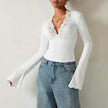 Slim V-neck Lace Ins Fashion Trumpet Sleeve Long-sleeved tank Top Women Clothing
