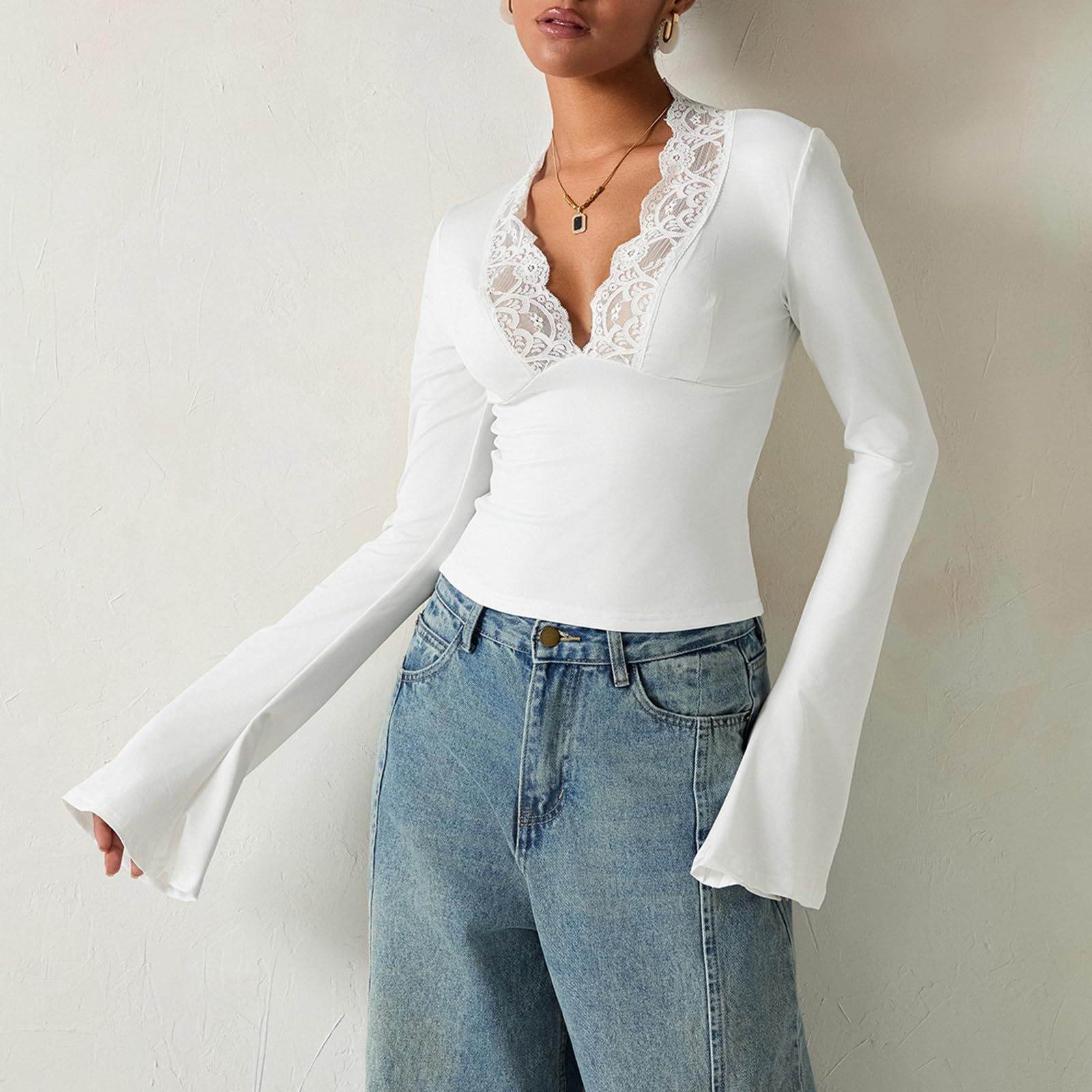 Slim V-neck Lace Ins Fashion Trumpet Sleeve Long-sleeved tank Top Women Clothing