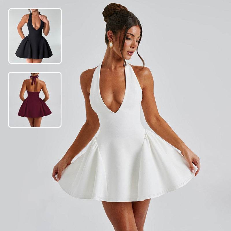 Women's Deep V-Neck Halter Mini Dress – Backless Party & Date Night Dress