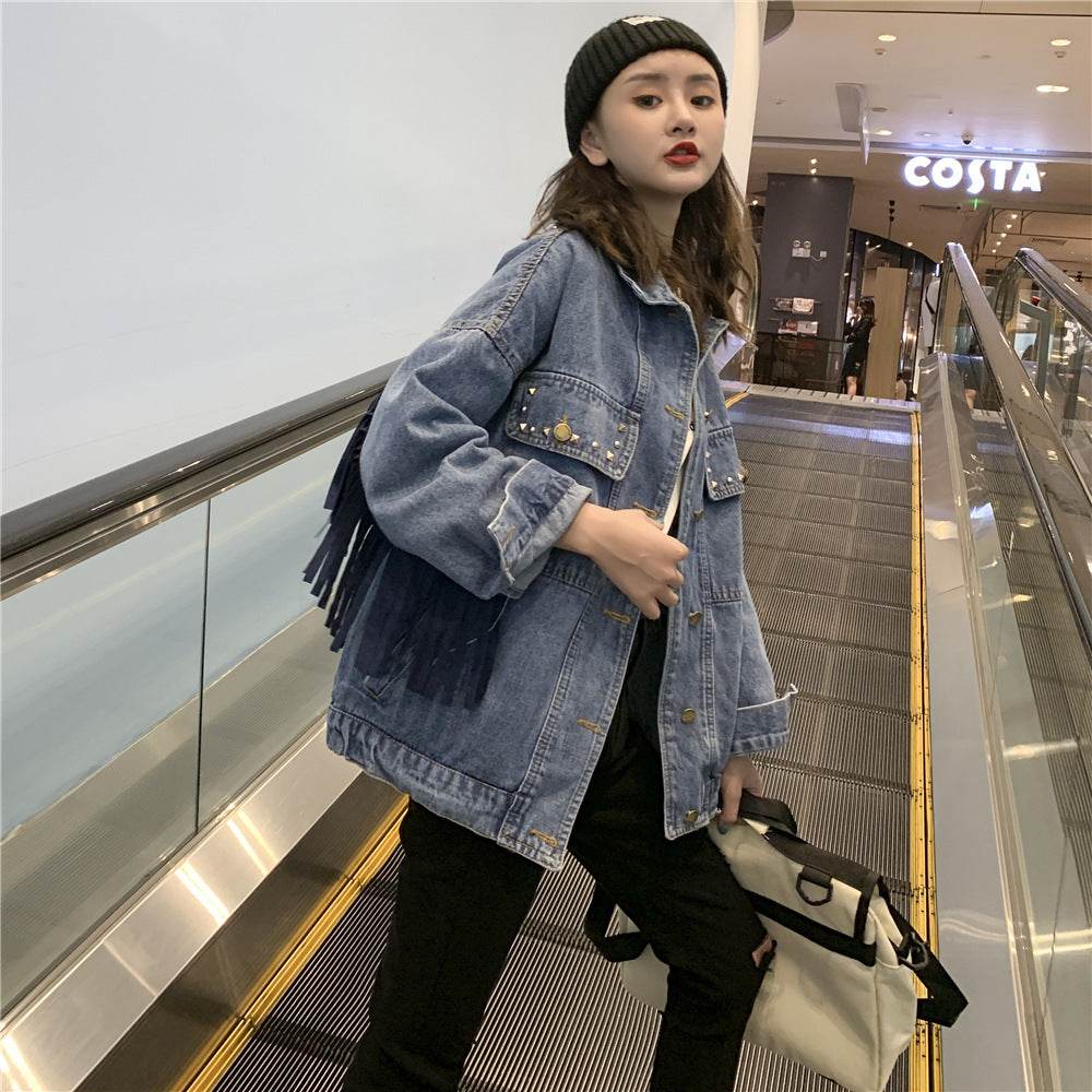 Elegant women Oversized Embroidered Tassel Fringe Denim Jacket