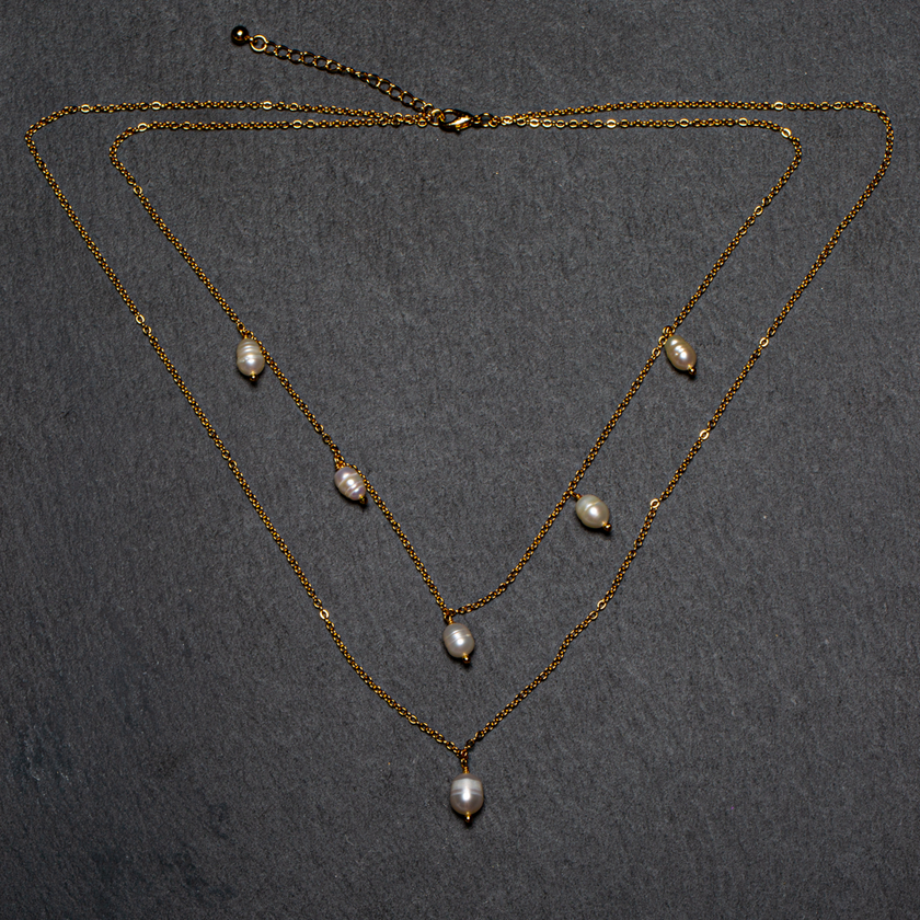 Double Strand Pearl & Chain Necklace In Gold Plate