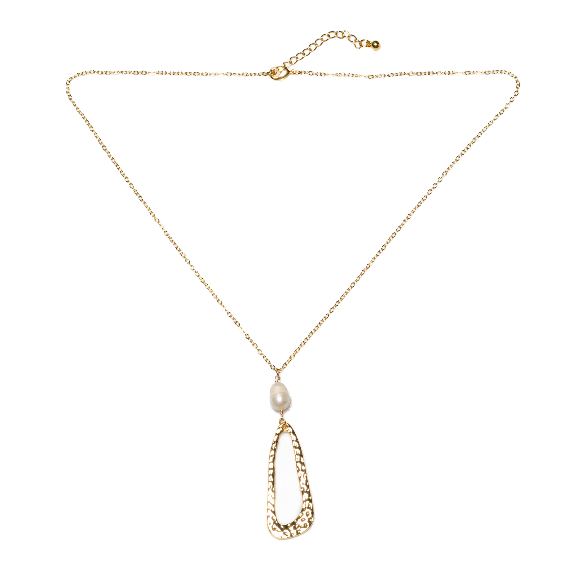 Hammered Oval Pendant With Pearl On Chain In Gold Plate