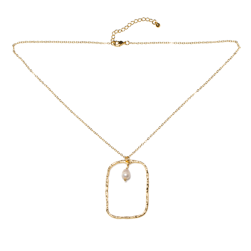 Hammered Rectangle With Pearl Pendant In Gold Plate