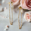 Pearl & Chain Stud Earrings In Gold Plate