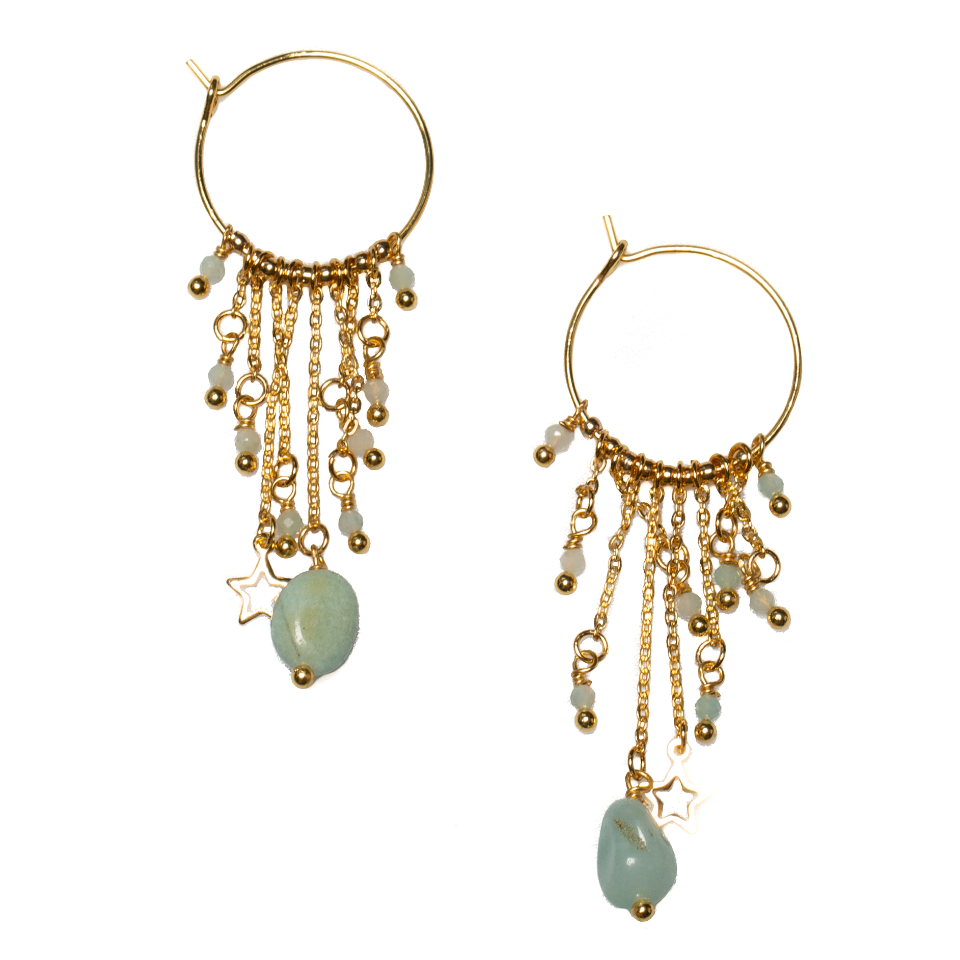 Amazonite & Glass Bead Hoop Chain Earring In Gold Plate