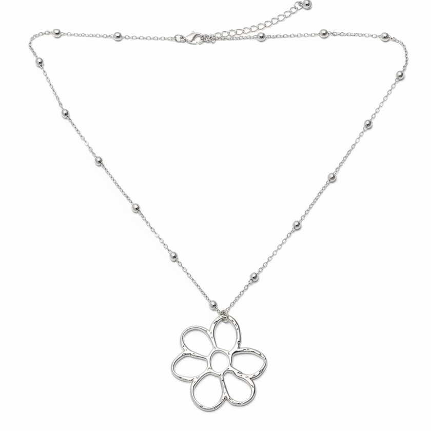 Open Flower Pendant On Ball Chain - Silver Plate