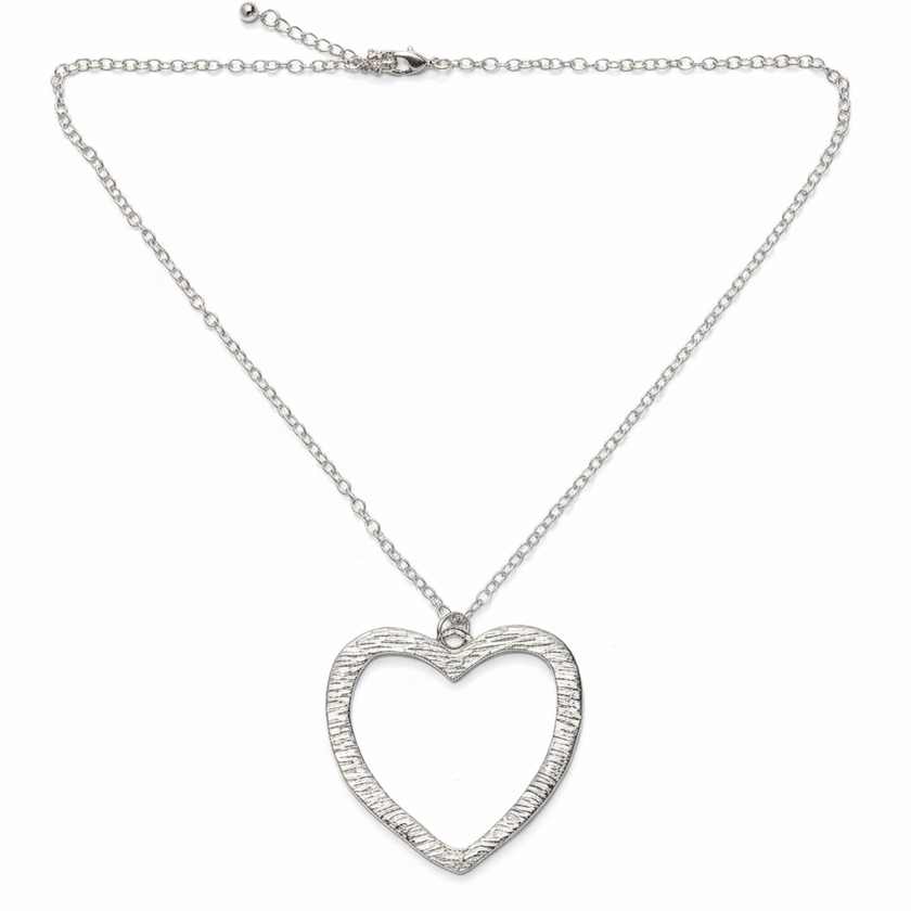 Textured Heart Shaped Pendant On Simple Chain - Silver Plate