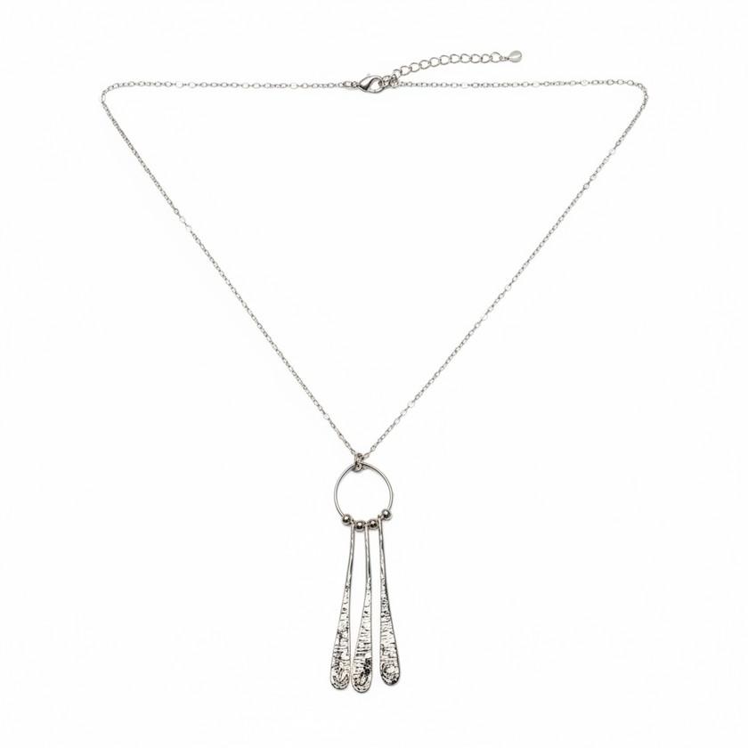 Beaten Triple Long Tear Drop Necklace - Silver Plate