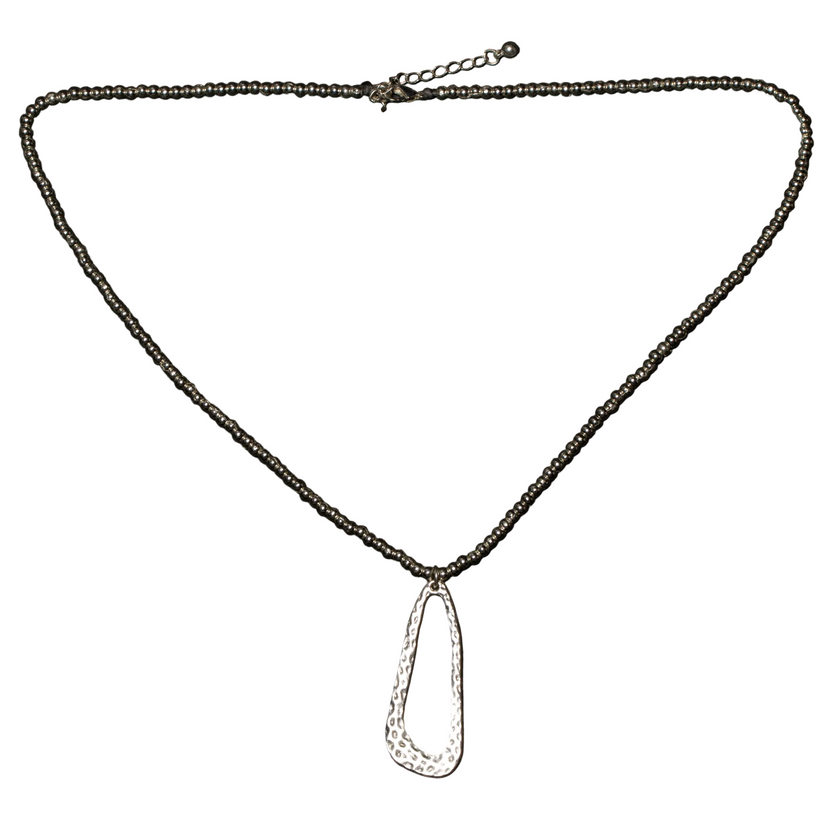 Hammered Oval Pendant On Ball Chain - Silver Plate
