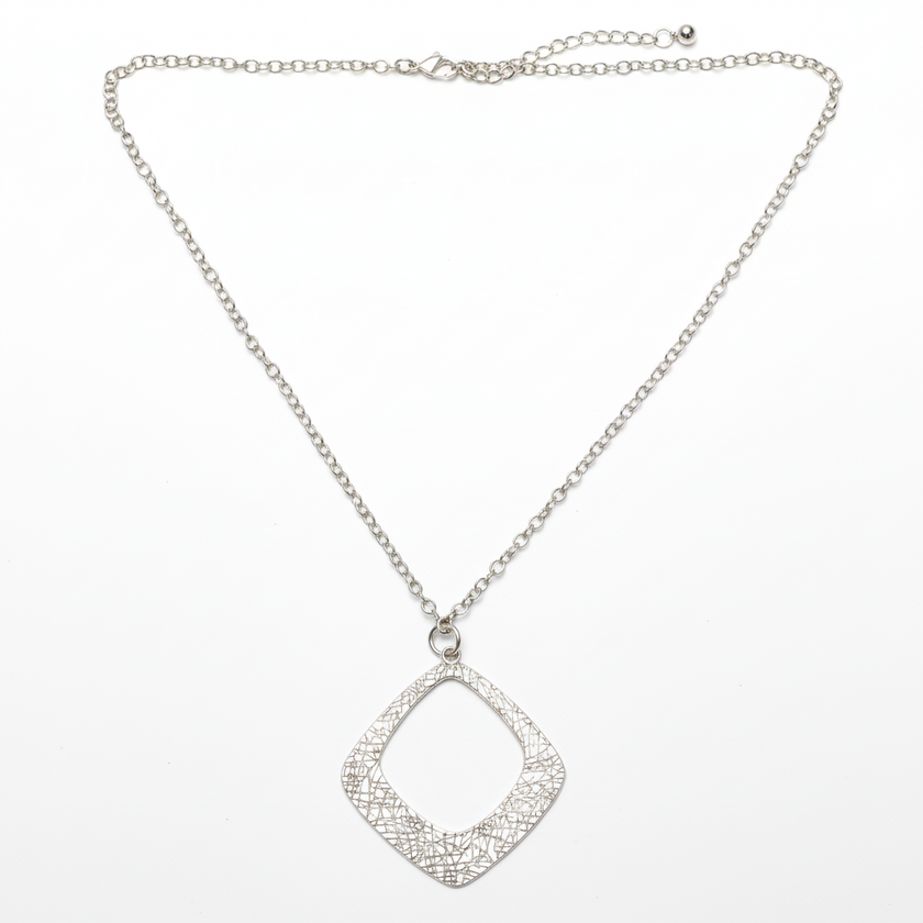 Textured Diamond Shaped Pendant On Simple Chain - Silver Plate
