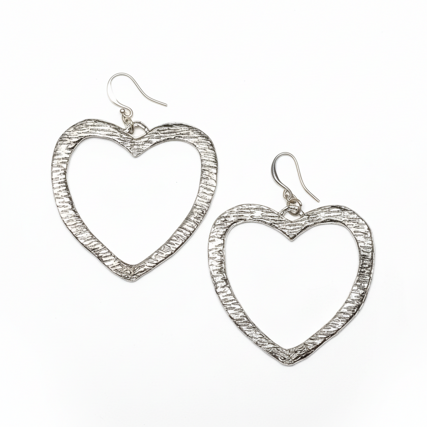 Textured Heart Earrings - Silver Plate