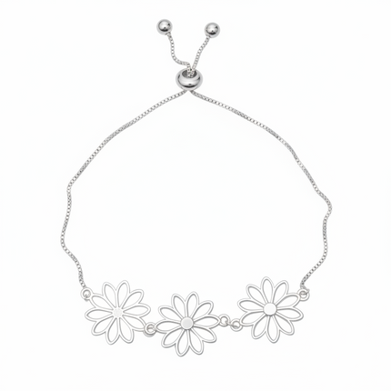 Adjustable Triple Flower Bracelet In Silver Plate