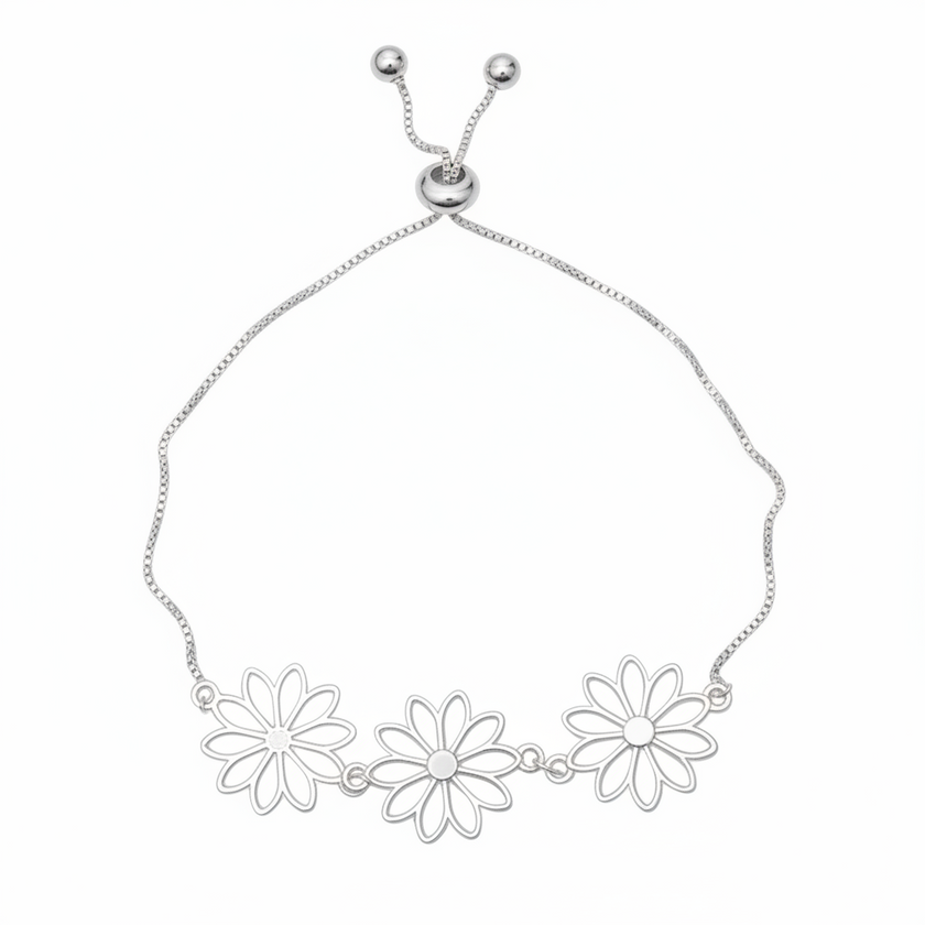 Adjustable Triple Flower Bracelet In Silver Plate