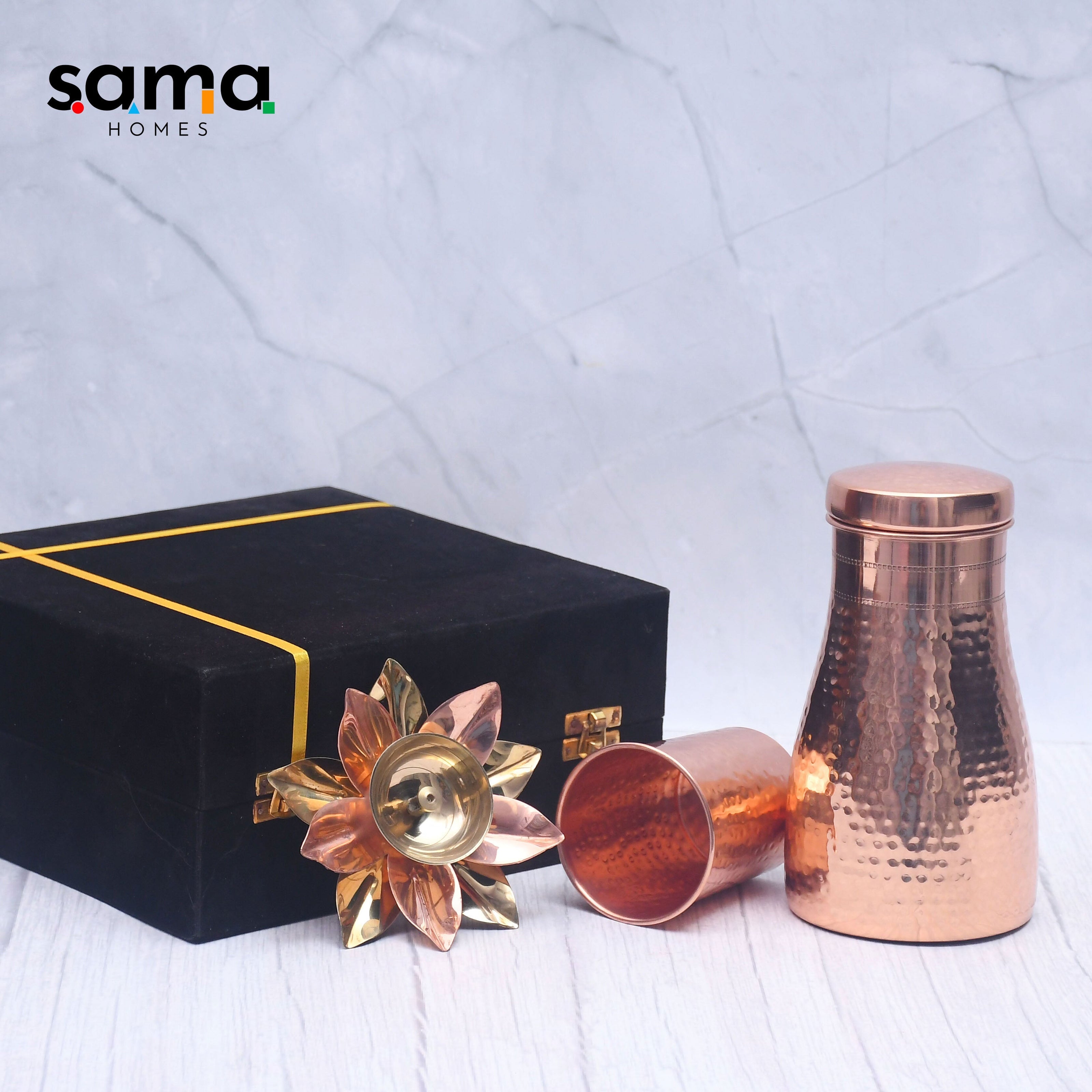 Exclusive Combo of Copper Bedroom Jar with Glass and Pooja Lotus Diya with Royal Gifting Box