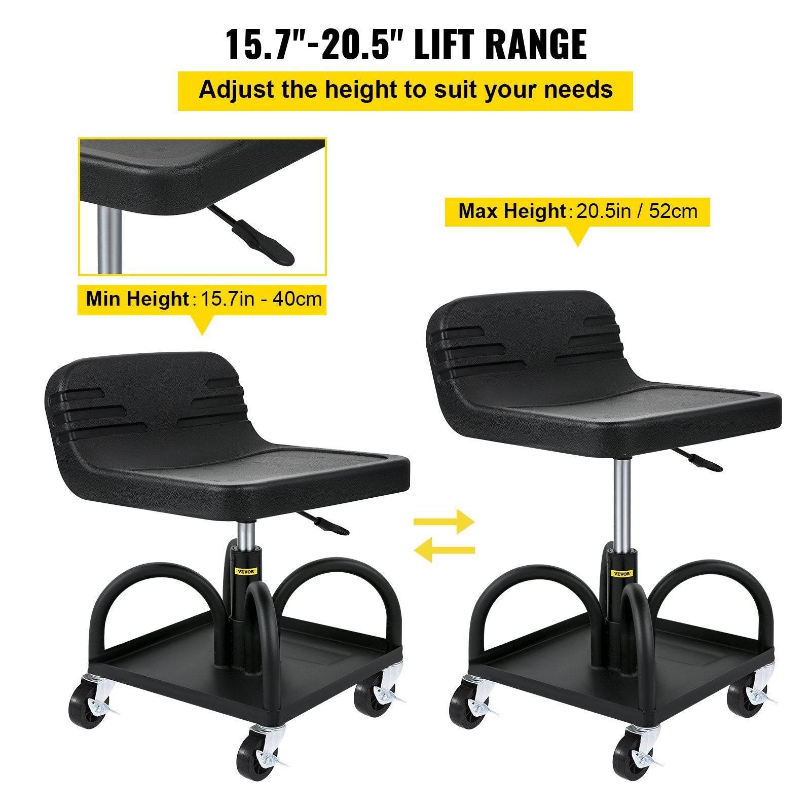 Rolling Garage Stool, 300LBS Capacity, Adjustable Height From 15.7 In To 20.5 In, Mechanic Seat With 360-degree Swivel Wheels And Tool Tray, For Workshop, Auto Repair Shop, Black