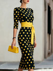 Retro Polka-Dot Belted Bodycon Dress – Elegant Knit Midi Dress for Women Canada