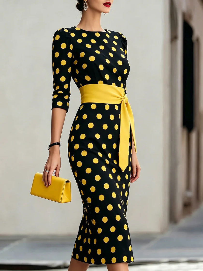 Retro Polka-Dot Belted Bodycon Dress – Elegant Knit Midi Dress for Women Canada
