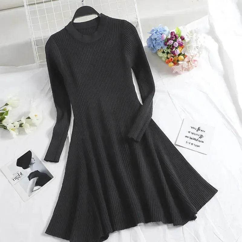 Autumn Winter Round neck Slim fit Mini Flared Sweater Dress