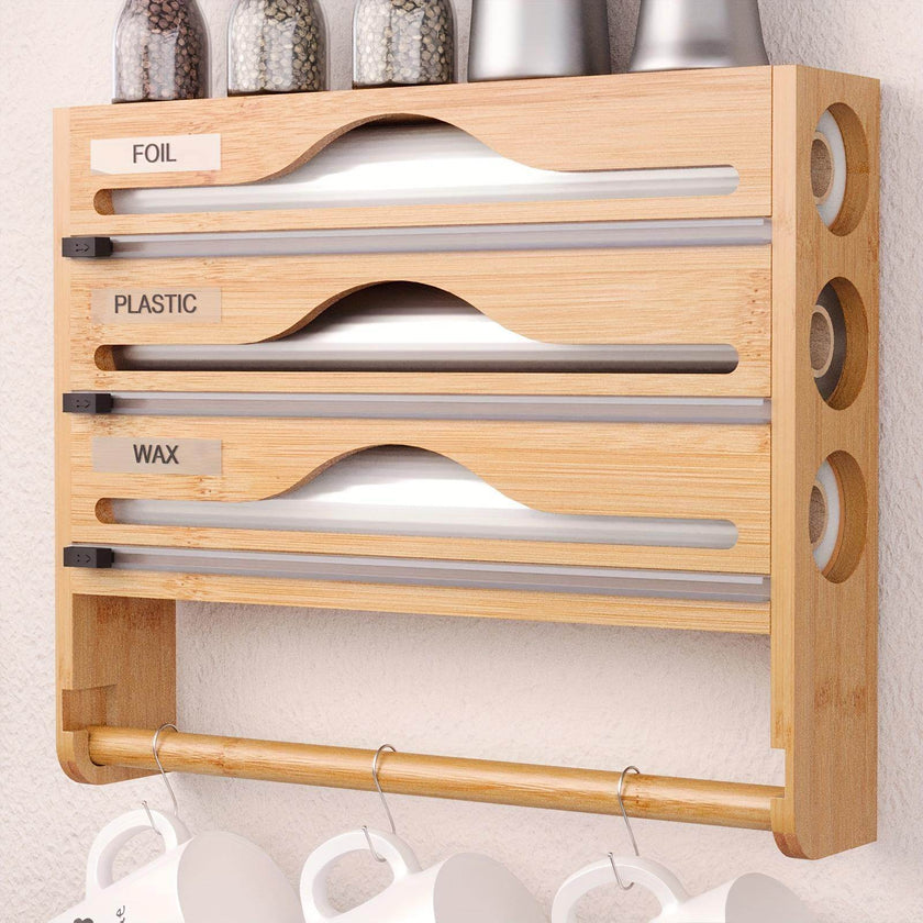 3 grid Bamboo Wood Wall Mounted Food Wrap Dispenser