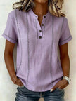 Summer Striped Short-Sleeve Shirts Casual Stand-Collar V-neck Button Blouse Womens Clothing