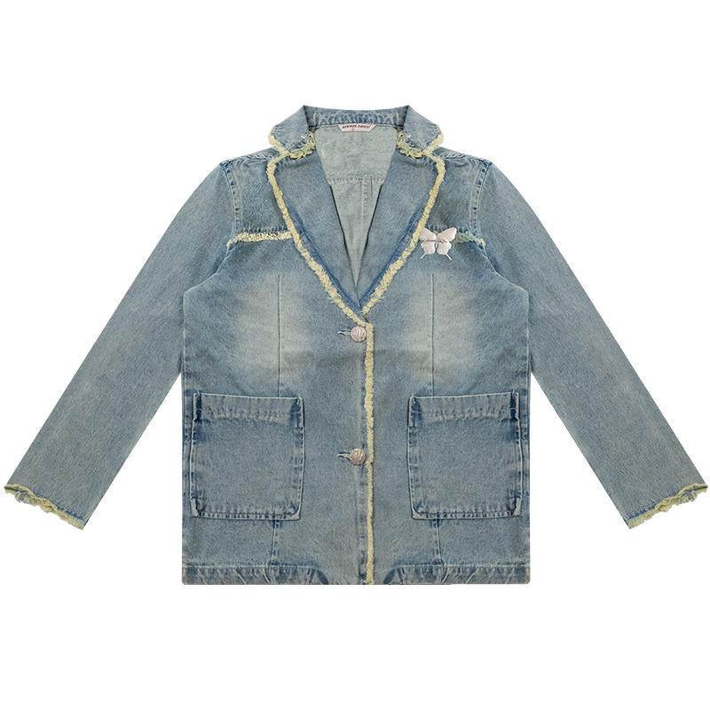 Loose Denim Jacket Polo Collar Single-Breasted Design