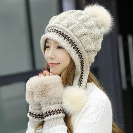 Women Cozy Knit Fleece-Feel Beanie With Ear Flaps Winter Hat Perfect For Skiing & Outdoor Activities
