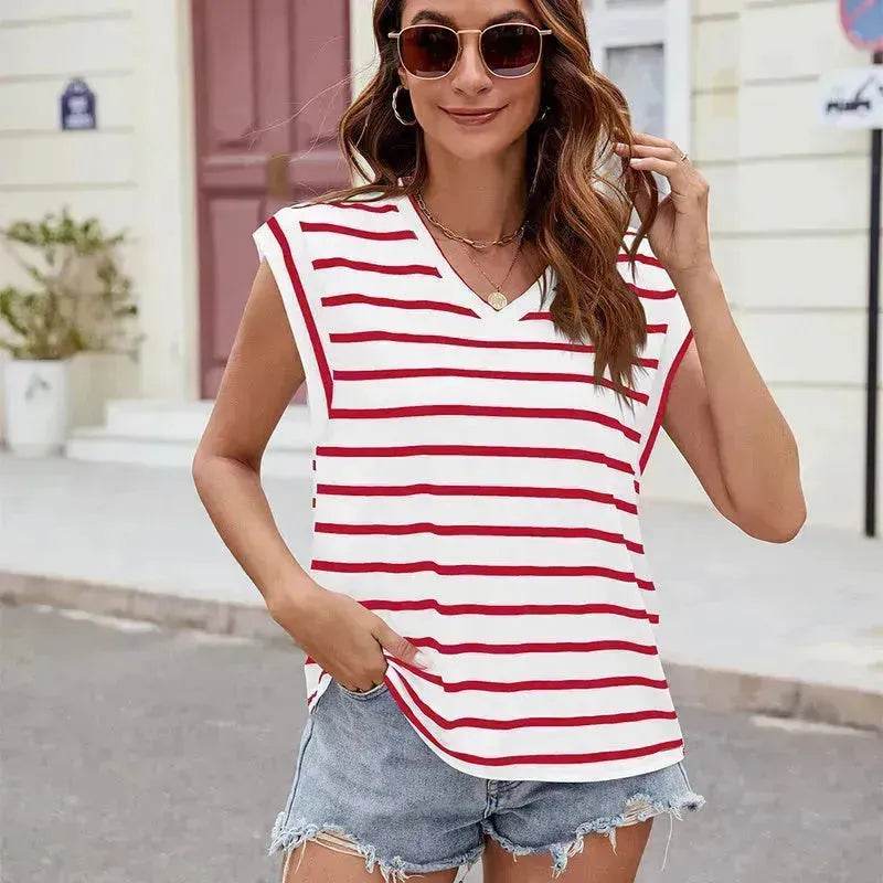 Fashion Stripe Print V-neck Short-sleeved T-Shirt Summer Loose Casual top for Women
