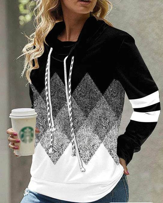 New Fashion Women's Pile Collar Printed Hoodie Pullover Top