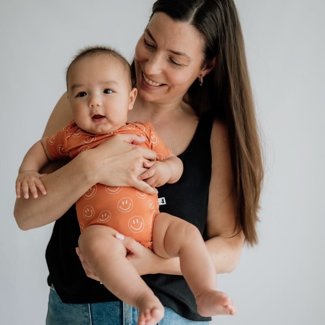 Baby Short Sleeve Bamboo Onesie | Orange Smilies