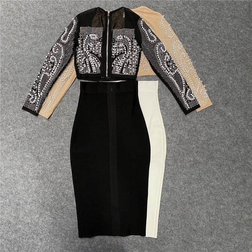 2-Piece Beaded Mesh Long-Sleeve Top and Midi Pencil Skirt Work Set