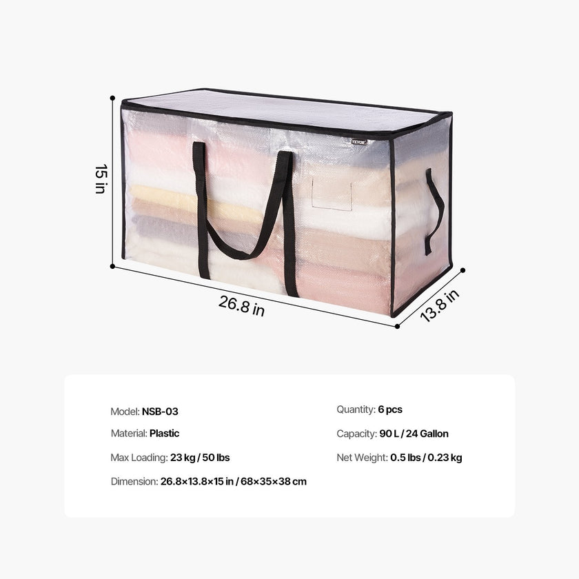 90L Blanket and Comforter Storage Bags, 6-Pack, Foldable, Reinforced Handles, Closet Organiser