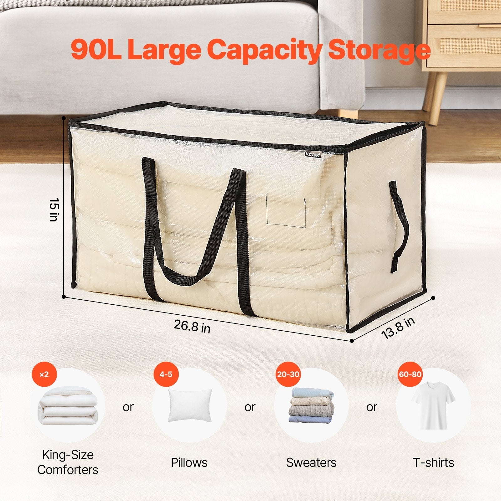 90L Blanket and Comforter Storage Bags, 6-Pack, Foldable, Reinforced Handles, Closet Organiser