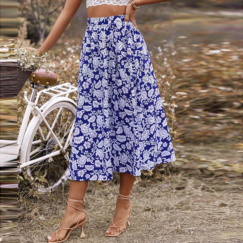 New Spring And Summer High Waist  floral Midi Skirt