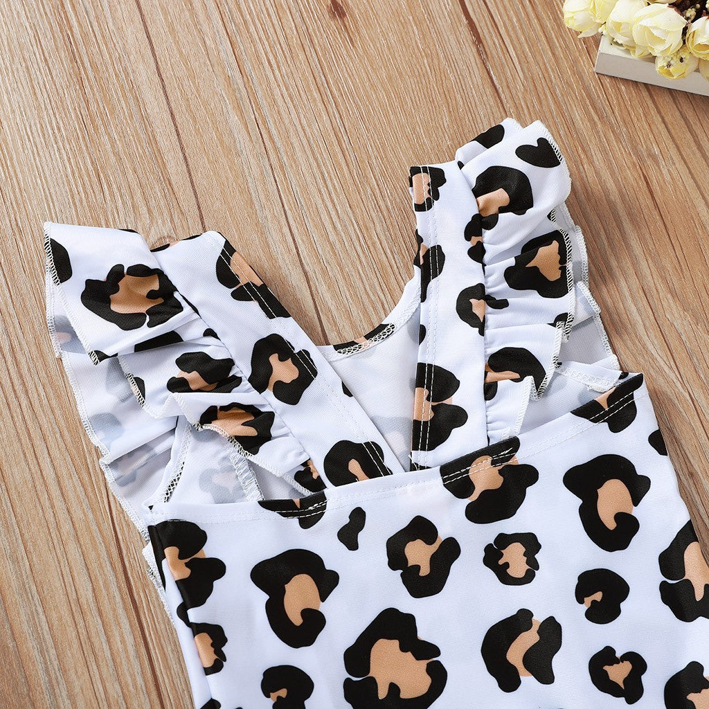 Girls Leopard Print One-Piece Swimsuit – Sleeveless Nylon Swimwear for Kids (80–120cm)