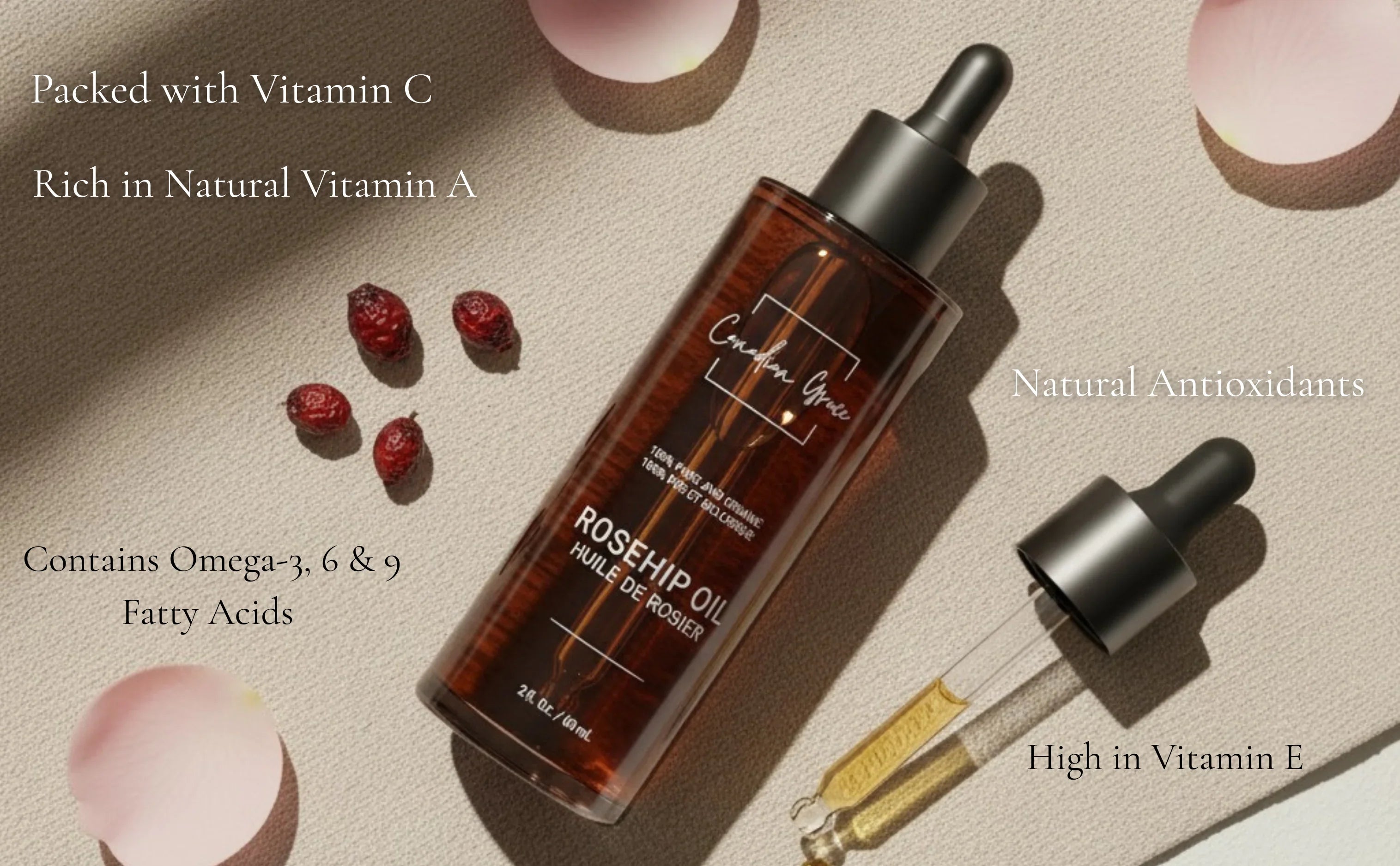 Huile de Rose Musquée 100% Bio de Canadian Grace – Pressée à froid, Pure et Premium pour la régénération et l'hydratation de la peau.