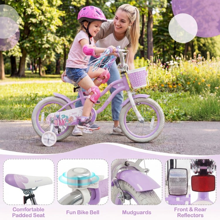 14 Inch Kids Bike Adjustable with Basket and Streamers Purple - Princess of the Sea Theme