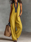 Women's Sleeveless Linen-Blend Jumpsuit – Loose Wide-Leg, Full Length