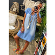 Round Neck Pleated Loose Solid Color Casual Plus Size Denim Dress