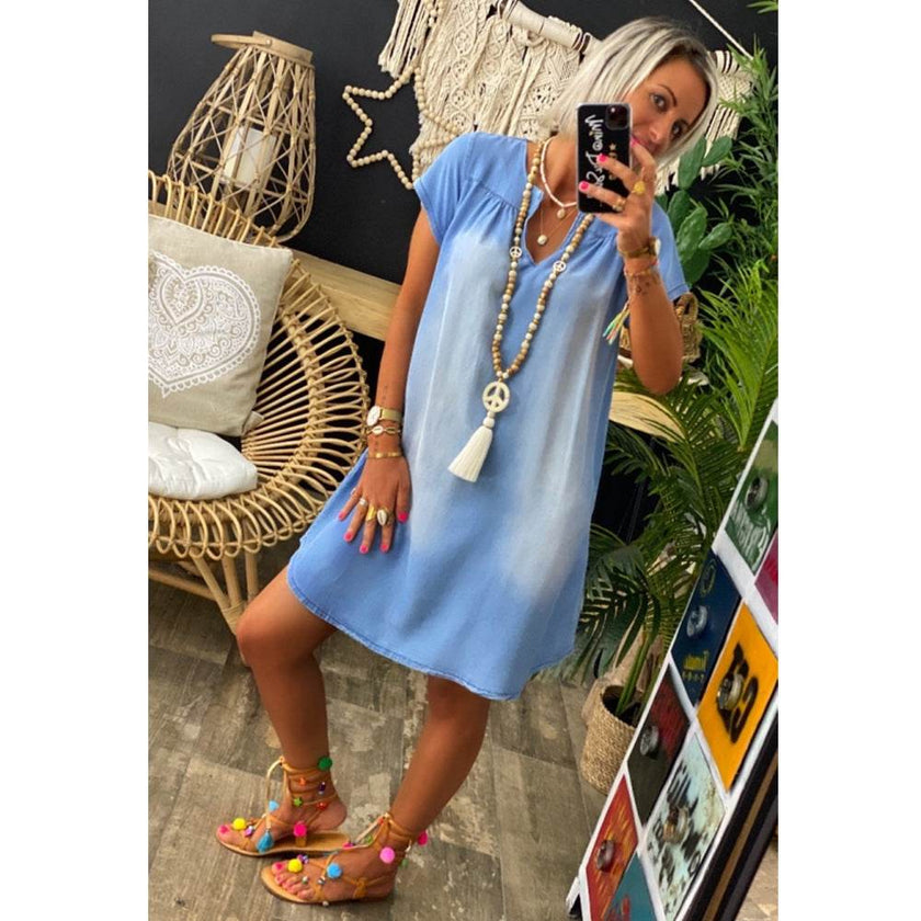Round Neck Pleated Loose Solid Color Casual Plus Size Denim Dress