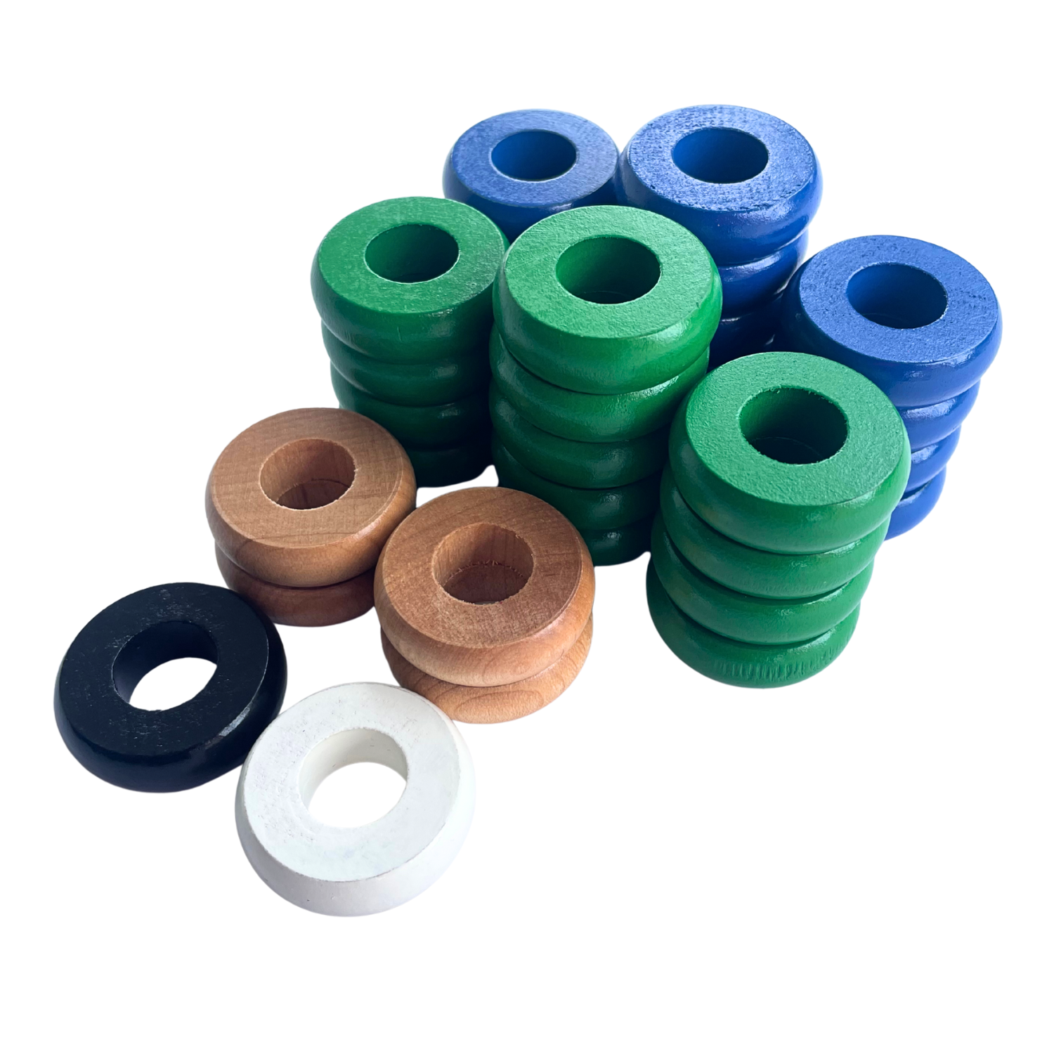 32 Green and Blue Carrom / Pichenotte / Croquignole Rings - (Green / Blue / Natural / Black / White) - Anneaux De Pichenottes - Game Accessories / Accessoires De Jeu