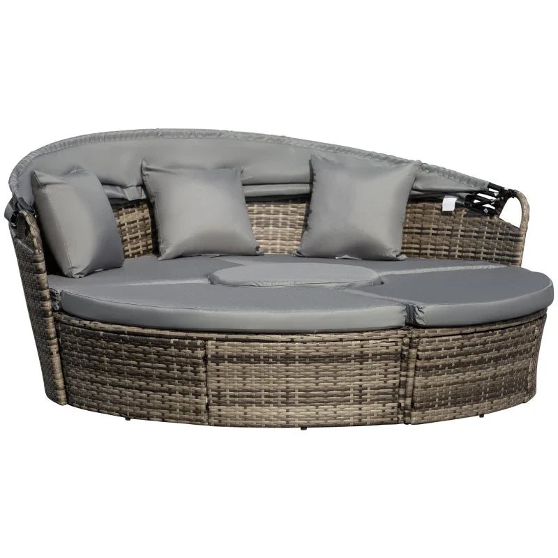 Outsunny 4 Pieces Outdoor Daybed with Retractable Canopy, PE Rattan Wicker Round Sofa Day Bed, Patio Sectional Conversation Furniture Set with Cushions and Pillows, Grey