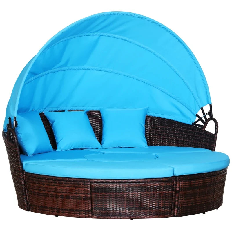 Outsunny 4 Pieces Outdoor Daybed with Retractable Canopy, PE Rattan Wicker Round Sofa Day Bed, Patio Sectional Conversation Furniture Set with Cushions and Pillows, Light Blue