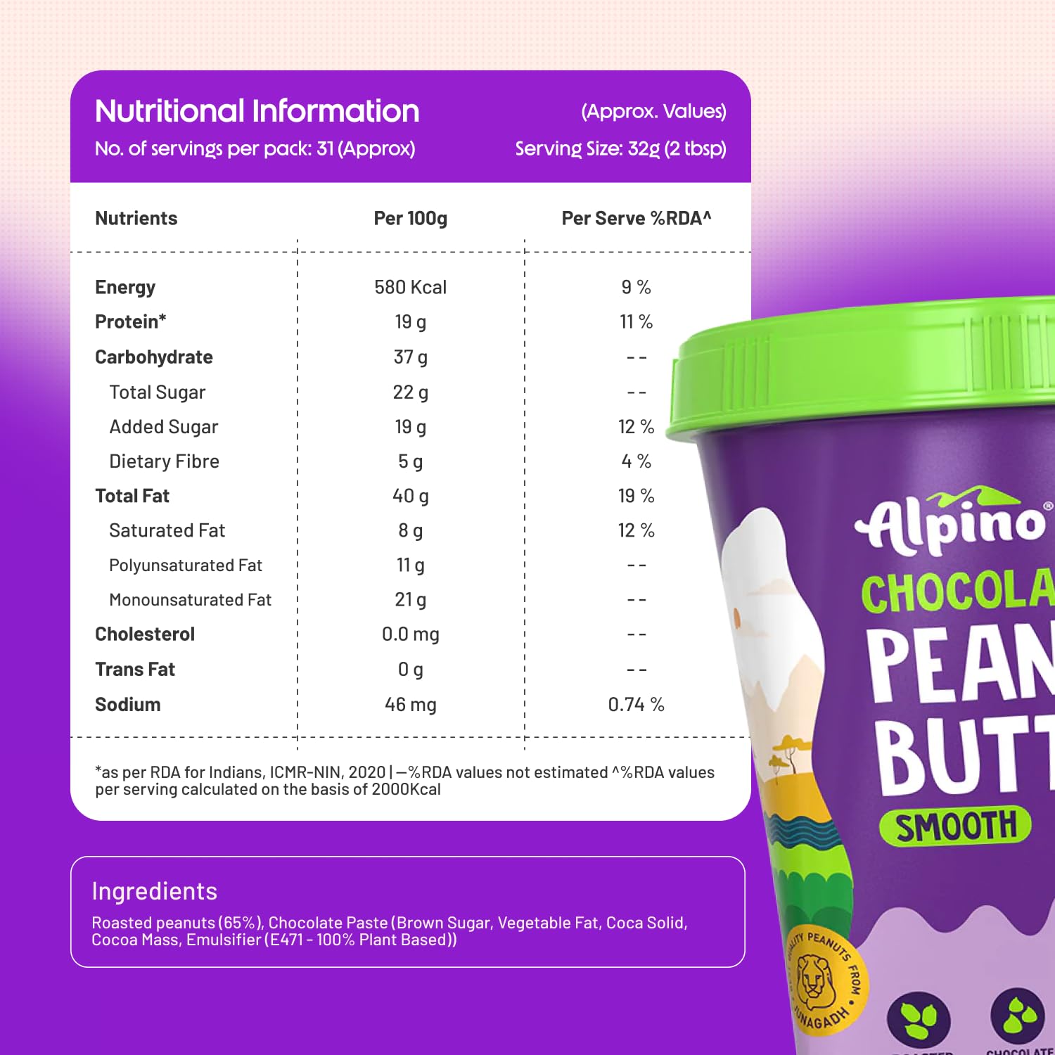 Chocolate Peanut Butter Crunch, Roasted Peanuts, Chocolate Paste & Brown Sugar - 19% Protein, Source of Healthy Fats