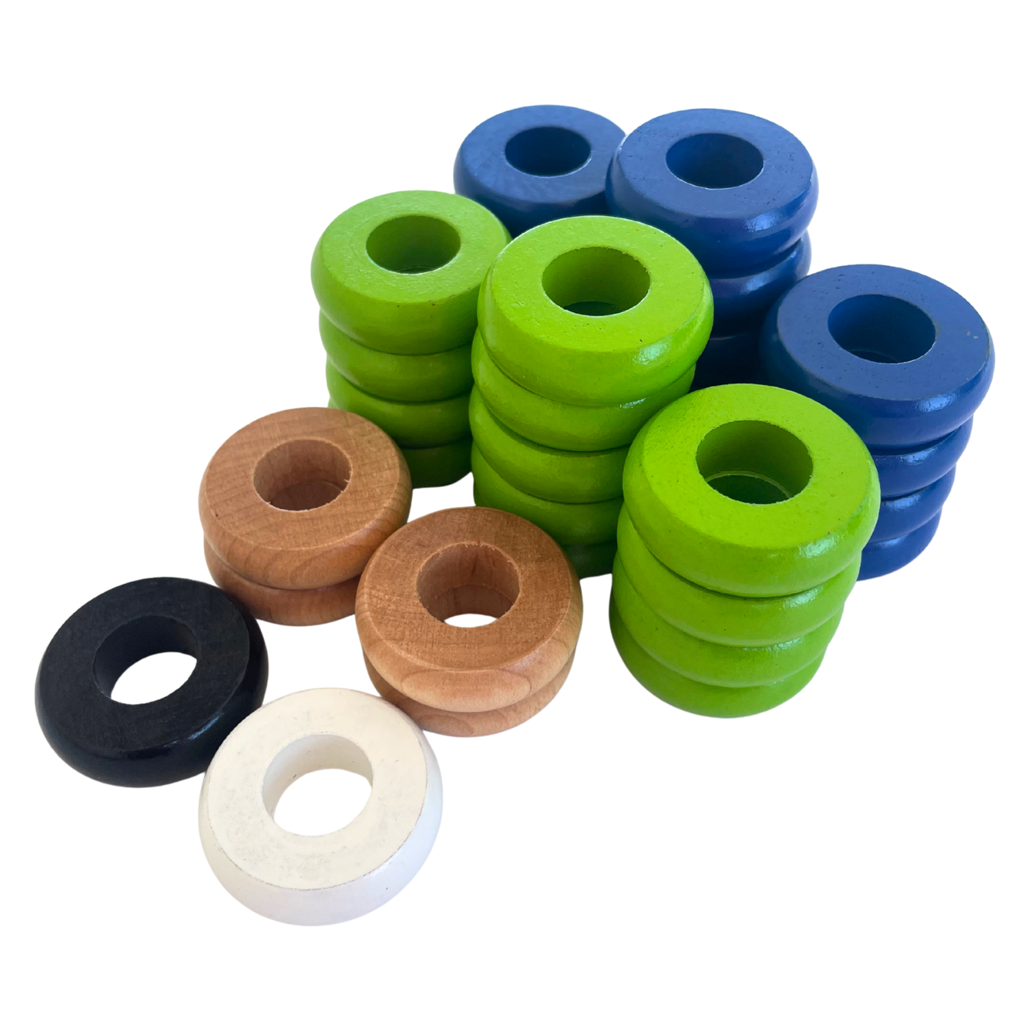 32 Blue and Lime Green Carrom / Pichenotte / Croquignole Rings - (Blue / Lime Green / Natural / Black / White) - Anneaux De Pichenottes - Game Accessories / Accessoires De Jeu