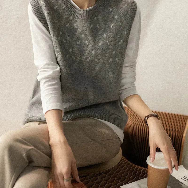 Cashmere Jacquard Sleeveless Round Neck Knitted Sweater Vest for Women