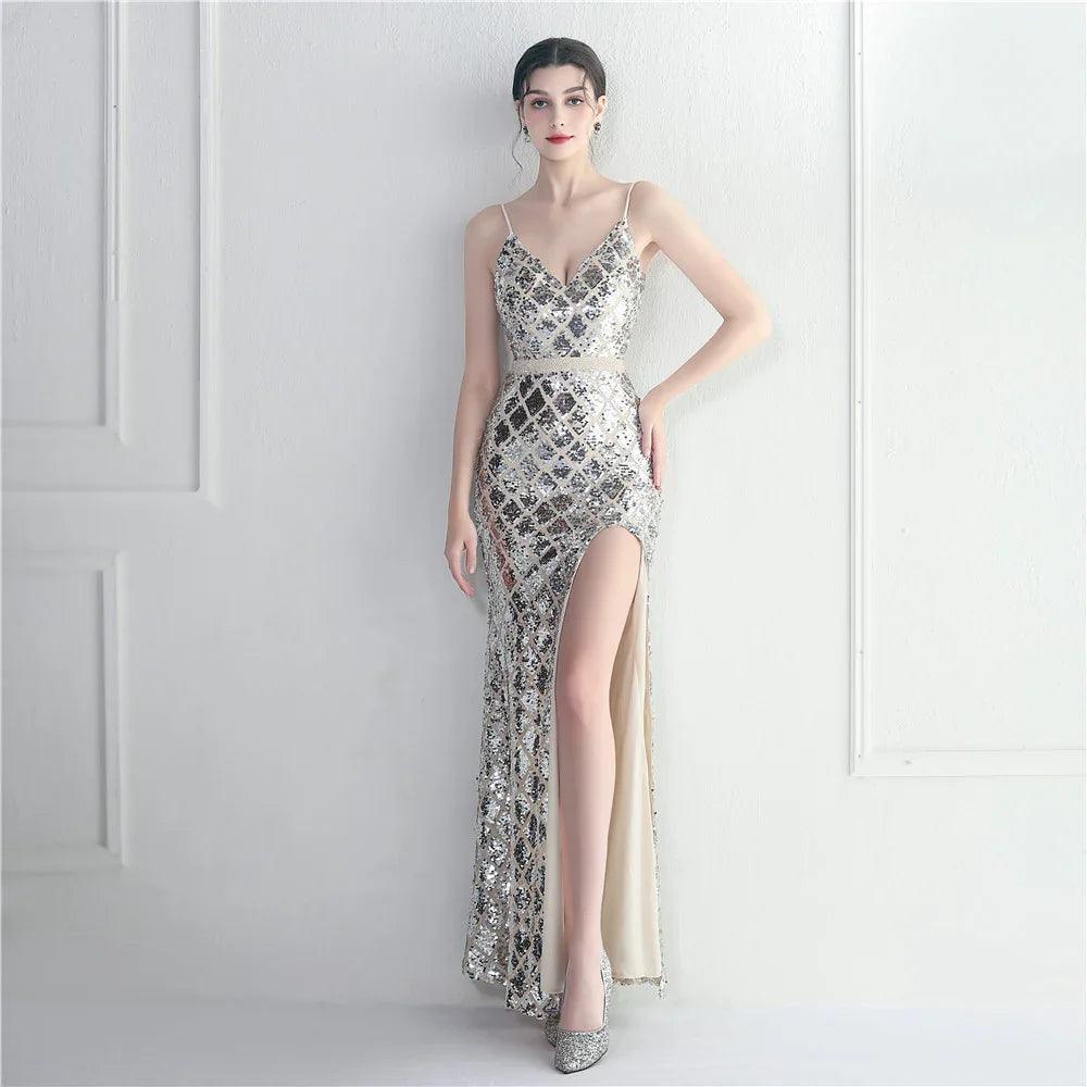 Colorful Sequin Sling Split Sheath Long Dinner Party Dress